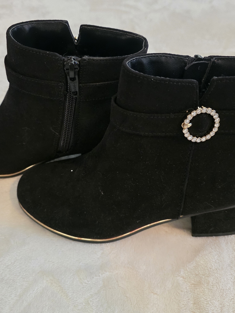Black Children's Place Ankle Boots with Decorative Rhinestone Ring
